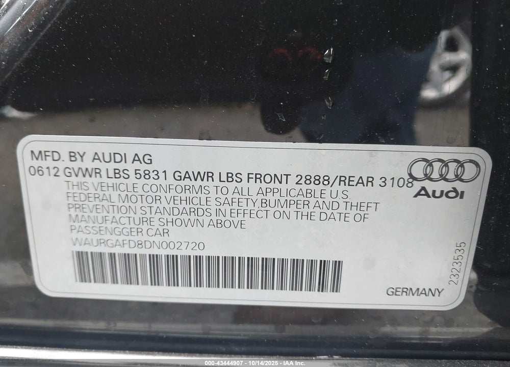 2013 AUDI A8 VIN: WAURGAFD8DN002720