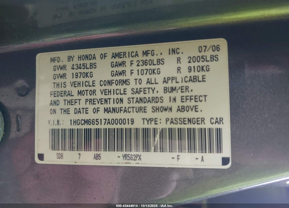 2007 HONDA ACCORD 3.0 EX VIN: 1HGCM66517A000019