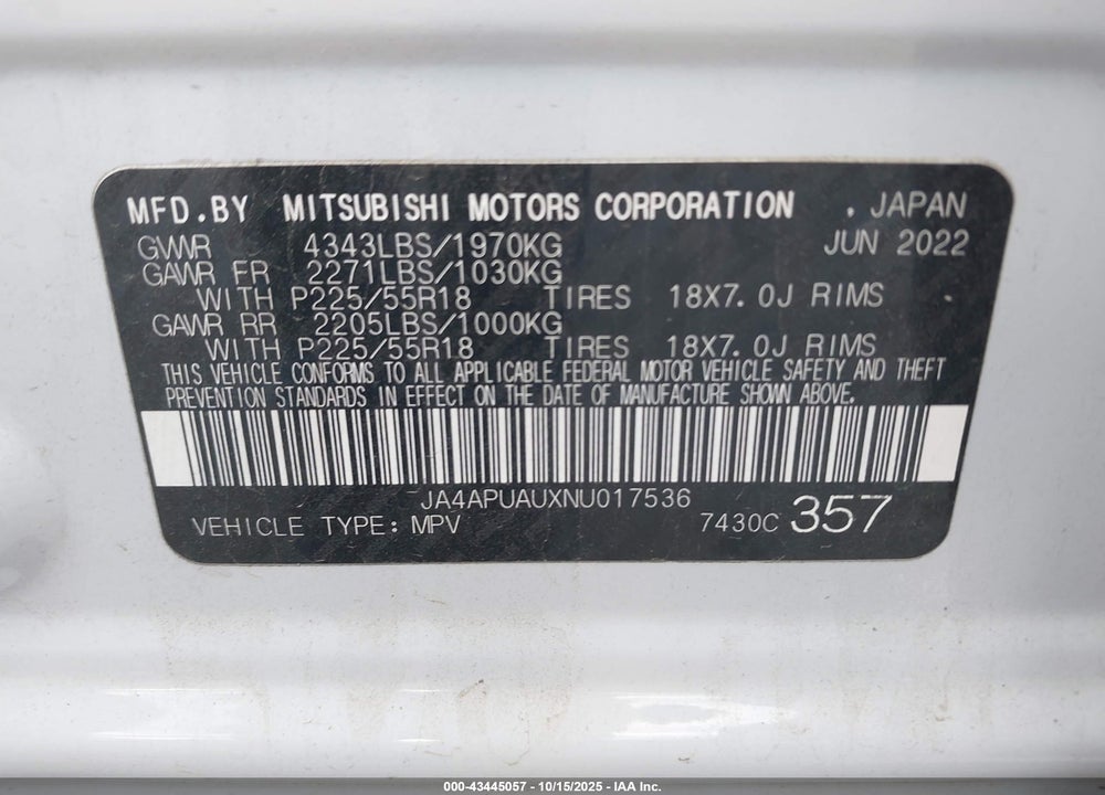 2022 MITSUBISHI OUTLANDER SPORT VIN: JA4APUAUXNU017536