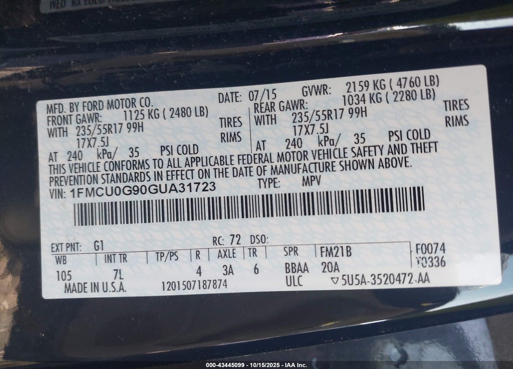 2016 FORD ESCAPE SE VIN: 1FMCU0G90GUA31723