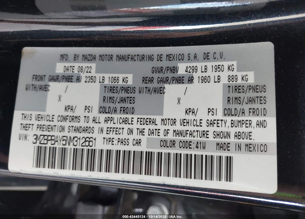 2022 MAZDA 3 2.5 TURBO VIN: 3MZBPBAY5NM312661