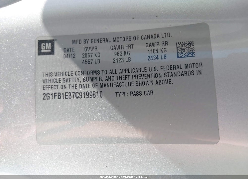 2012 CHEVROLET CAMARO 1LT VIN: 2G1FB1E37C9199810
