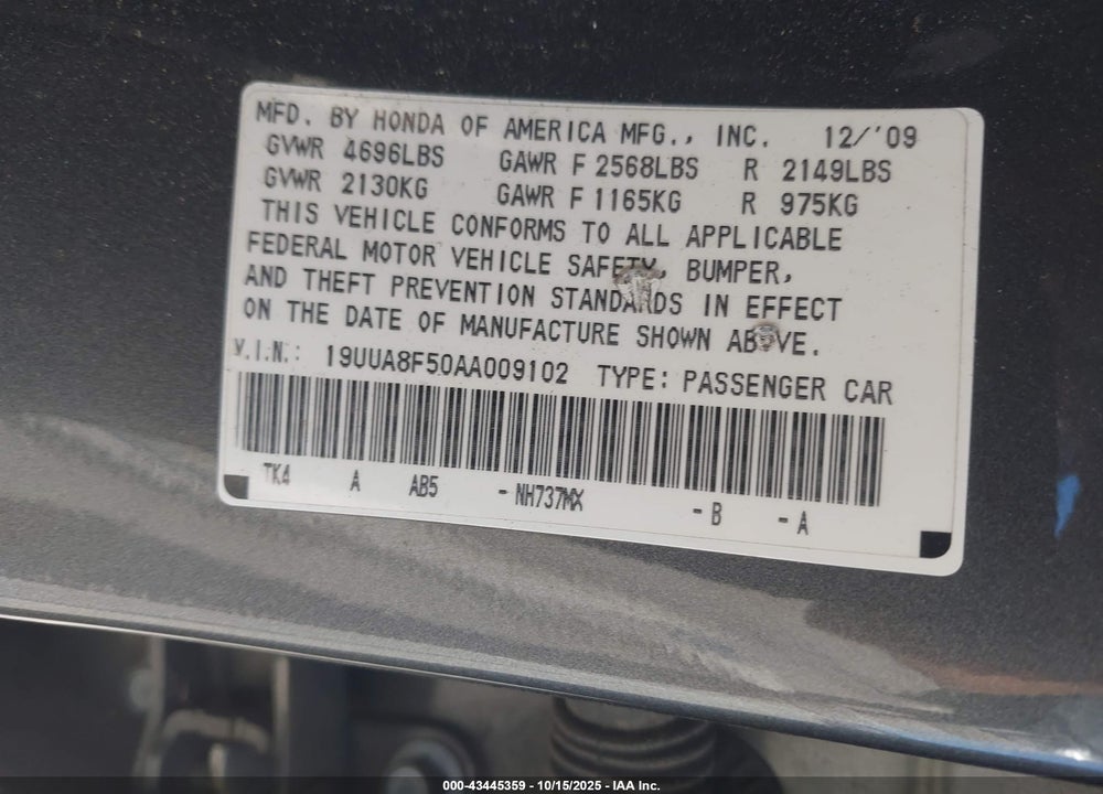 2010 ACURA TL 3.5 VIN: 19UUA8F50AA009102