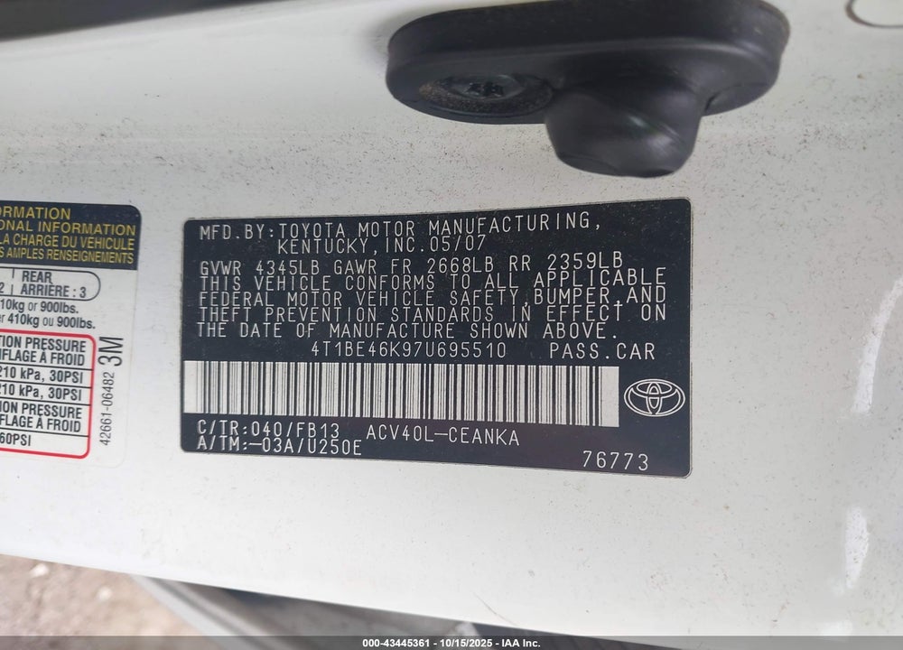 2007 TOYOTA CAMRY VIN: 4T1BE46K97U695510