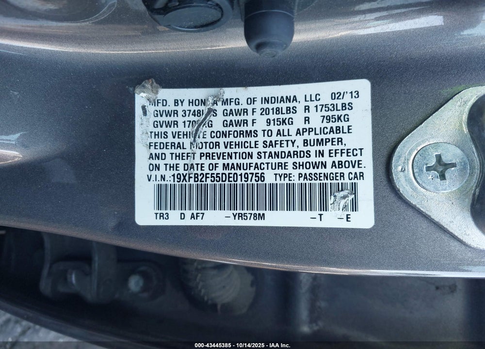 2013 HONDA CIVIC VIN: 19XFB2F55DE019756