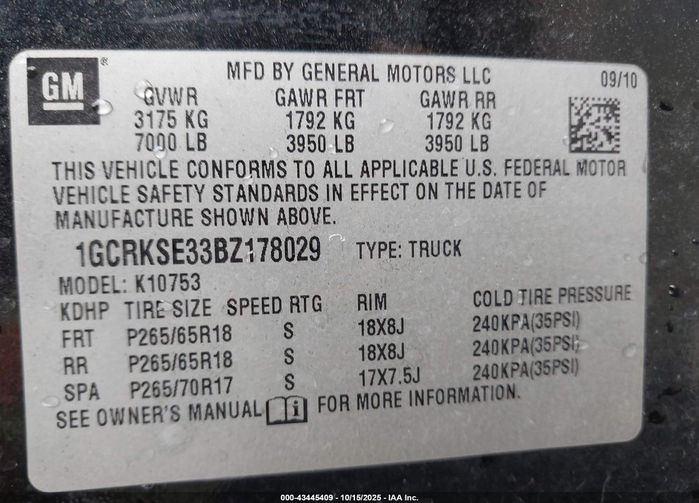 2011 CHEVROLET SILVERADO 1500 VIN: 1GCRKSE33BZ178029