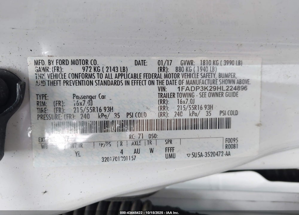 2017 FORD FOCUS SE VIN: 1FADP3K29HL224896