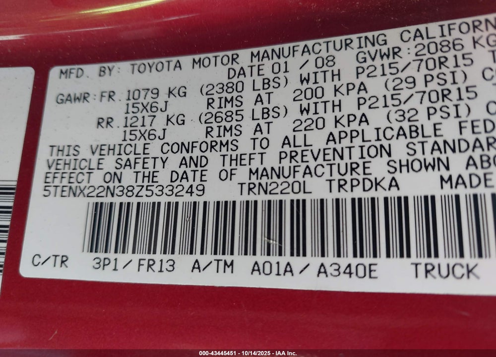 2008 TOYOTA TACOMA VIN: 5TENX22N38Z533249
