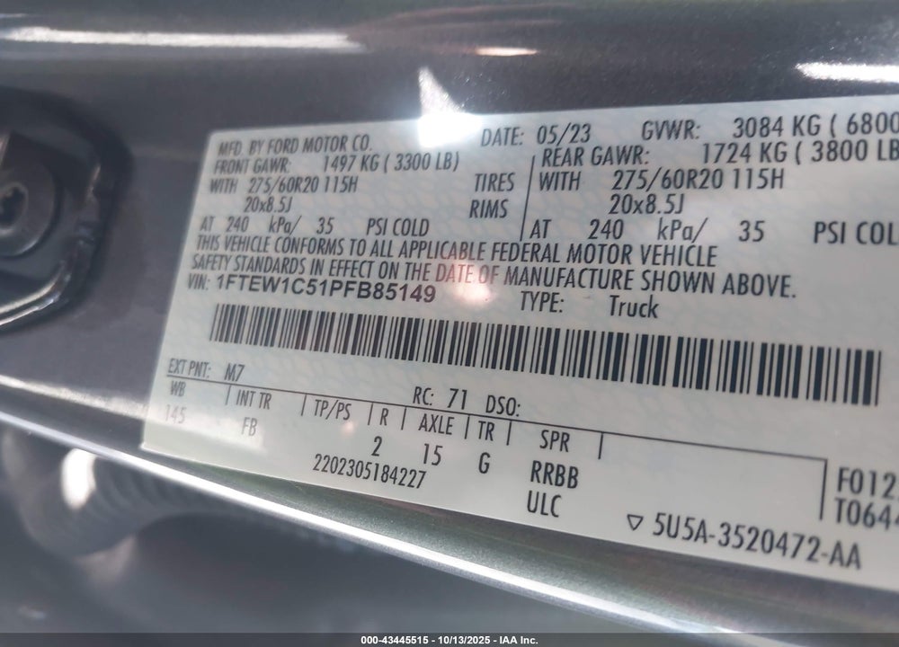 2023 FORD F-150 XLT VIN: 1FTEW1C51PFB85149