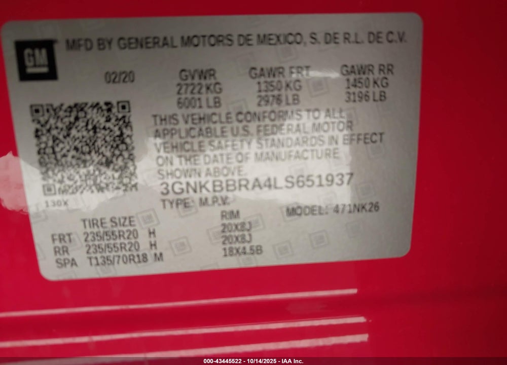 2020 CHEVROLET BLAZER FWD 1LT VIN: 3GNKBBRA4LS651937