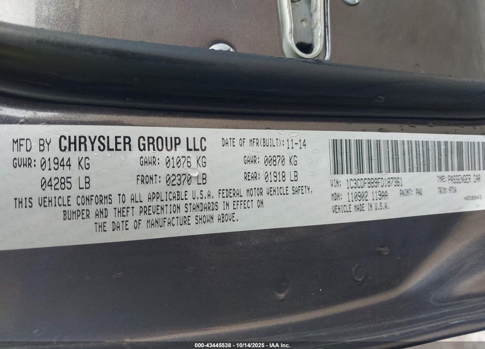 2015 DODGE DART SXT VIN: 1C3CDFBB9FD187361