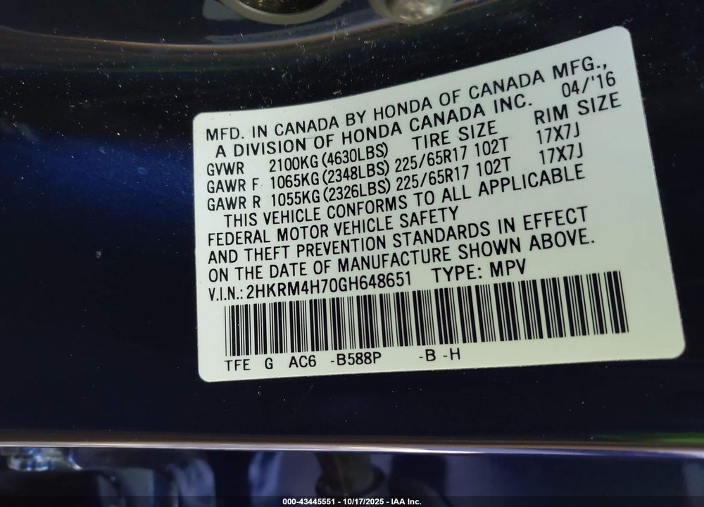 2016 HONDA CR-V VIN: 2HKRM4H70GH648651