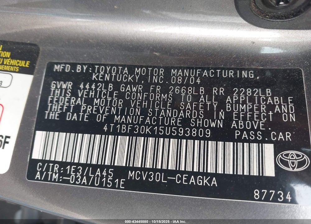 2005 TOYOTA CAMRY XLE V6 VIN: 4T1BF30K15U593809