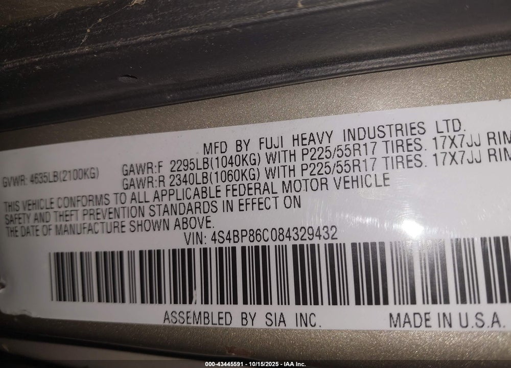2008 SUBARU OUTBACK 3.0R L.L. BEAN EDITION VIN: 4S4BP86C084329432