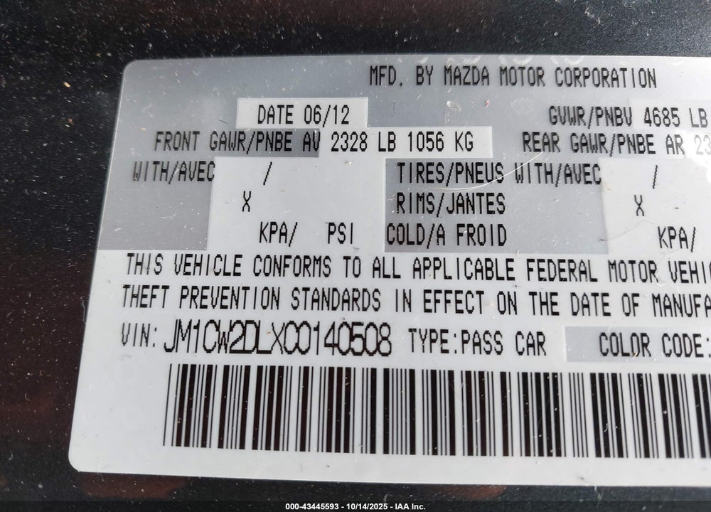 2012 MAZDA 5 GRAND TOURING VIN: JM1CW2DLXC0140508