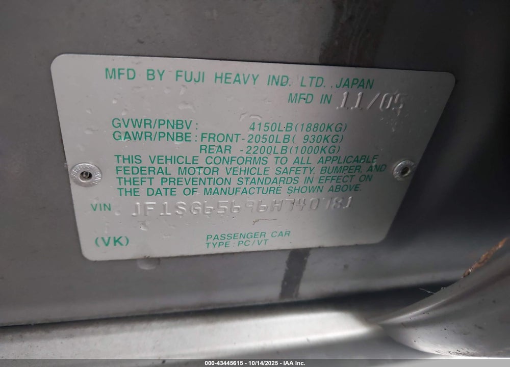 2006 SUBARU FORESTER 2.5X VIN: JF1SG65696H740781