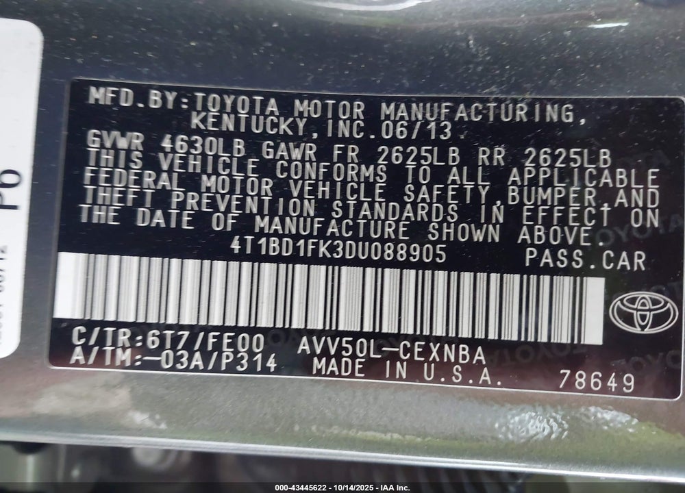 2013 TOYOTA CAMRY HYBRID VIN: 4T1BD1FK3DU088905