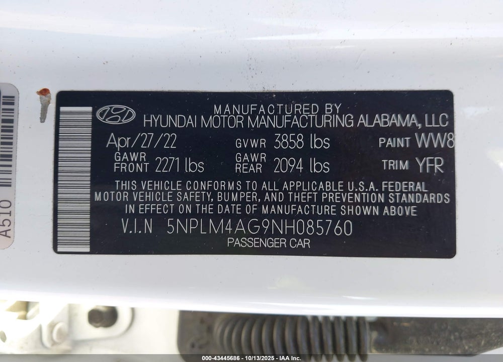 2022 HYUNDAI ELANTRA SEL VIN: 5NPLM4AG9NH085760