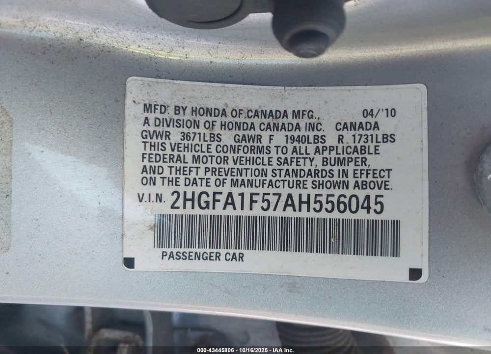2010 HONDA CIVIC LX VIN: 2HGFA1F57AH556045