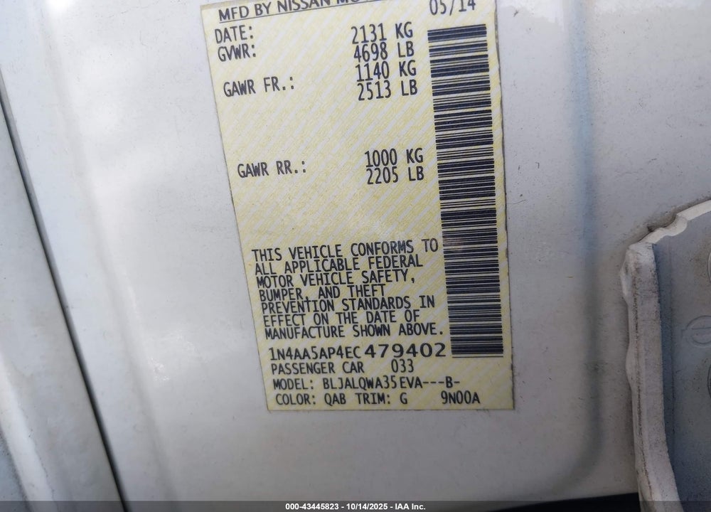 2014 NISSAN MAXIMA 3.5 S/3.5 SV VIN: 1N4AA5AP4EC479402