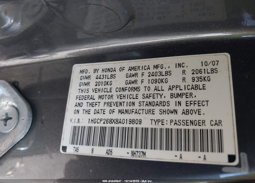 2008 HONDA ACCORD 2.4 EX-L VIN: 1HGCP268X8A019809