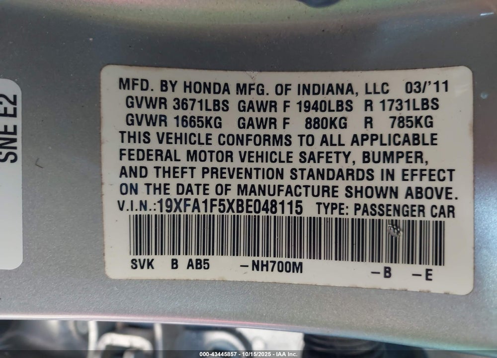 2011 HONDA CIVIC VIN: 19XFA1F5XBE048115