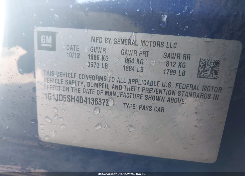 2013 CHEVROLET SONIC LT MANUAL VIN: 1G1JD5SH4D4136373