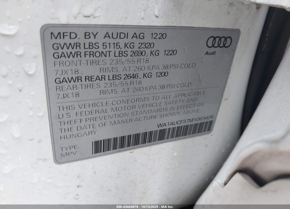 2021 AUDI Q3 VIN: WA1AUCF37M1063408