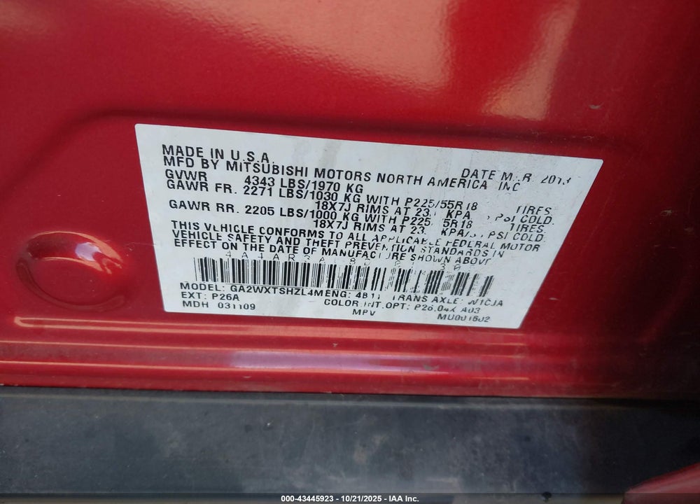 2013 MITSUBISHI OUTLANDER SPORT ES VIN: 4A4AR3AU8DE017305