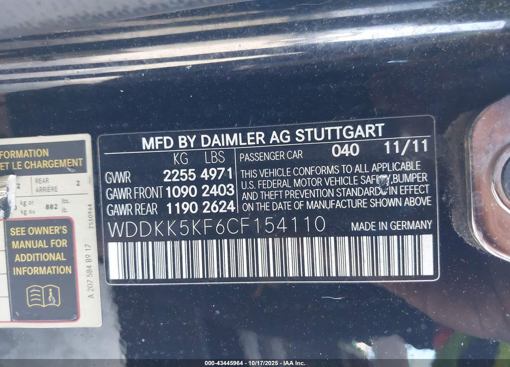 2012 MERCEDES-BENZ E 350 VIN: WDDKK5KF6CF154110