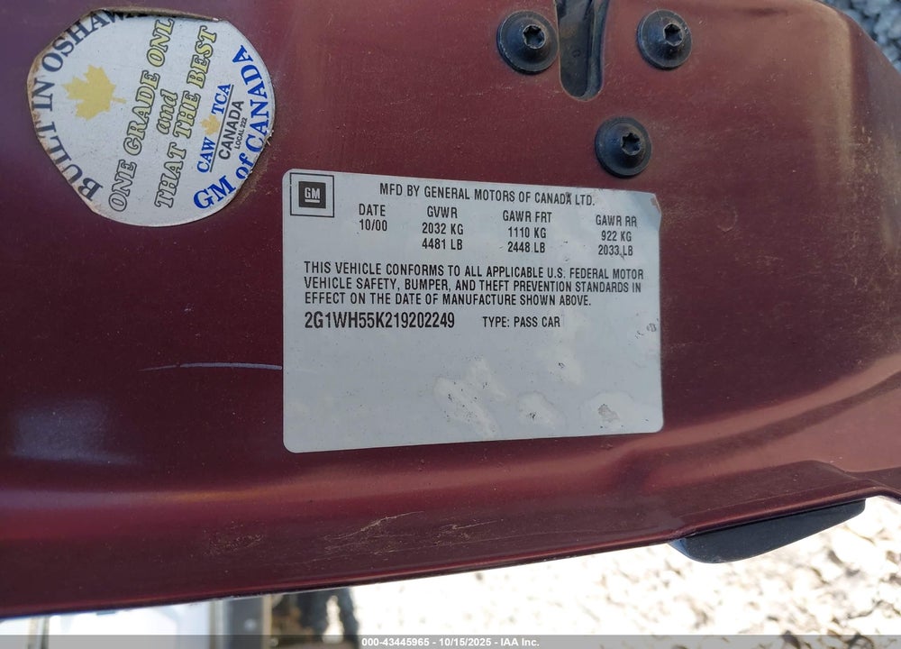 2001 CHEVROLET IMPALA LS VIN: 2G1WH55K219202249
