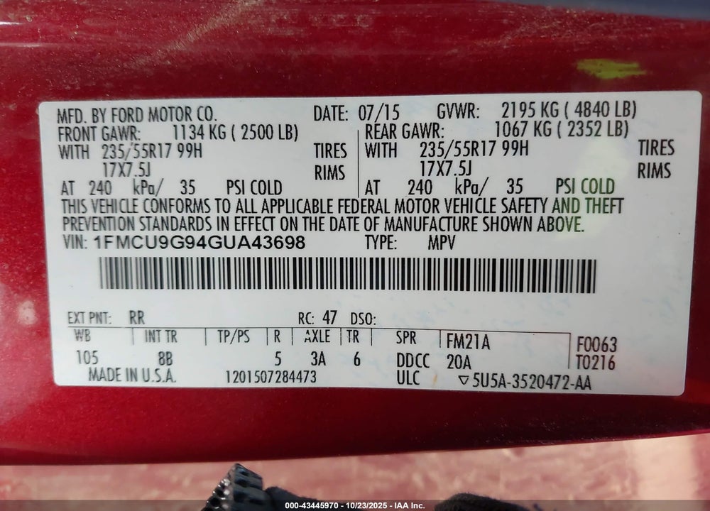 2016 FORD ESCAPE SE VIN: 1FMCU9G94GUA43698