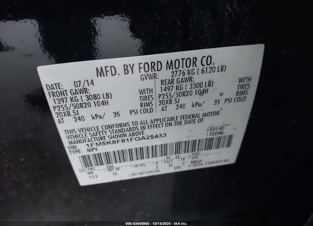 2015 FORD EXPLORER LIMITED VIN: 1FM5K8F81FGA25433