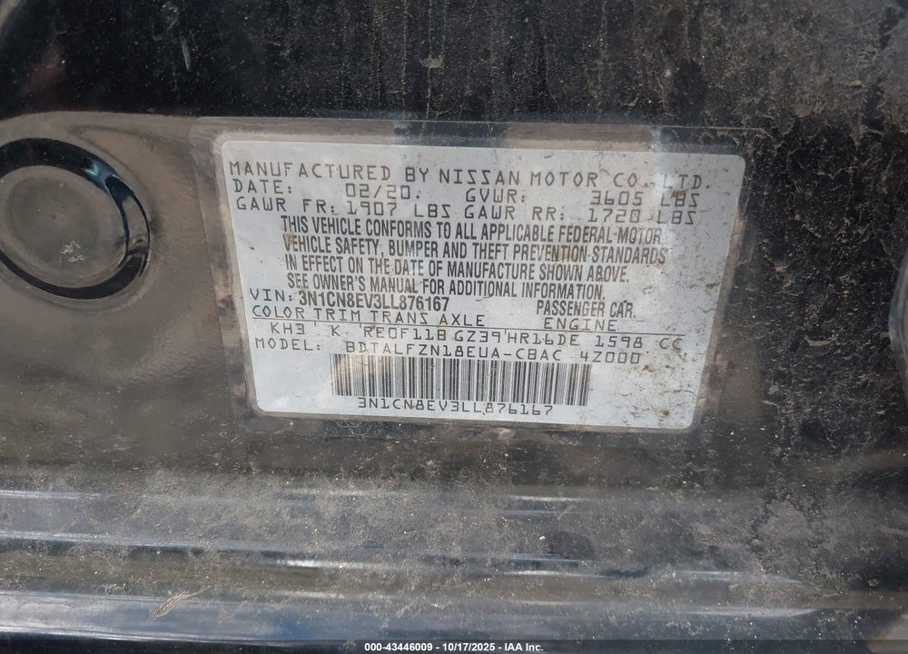 2020 NISSAN VERSA SV XTRONIC CVT VIN: 3N1CN8EV3LL876167