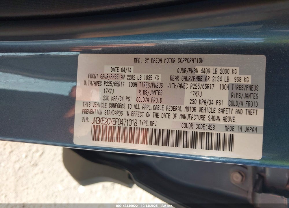 2015 MAZDA CX-5 TOURING VIN: JM3KE2CY5F0471018
