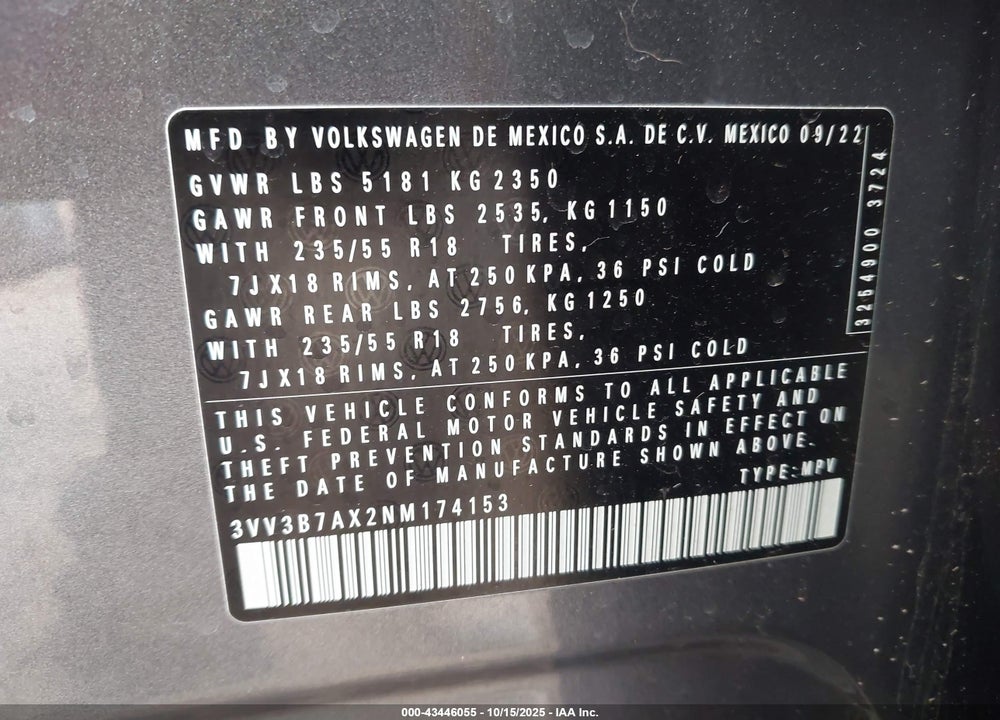2022 VOLKSWAGEN TIGUAN 2.0T SE VIN: 3VV3B7AX2NM174153