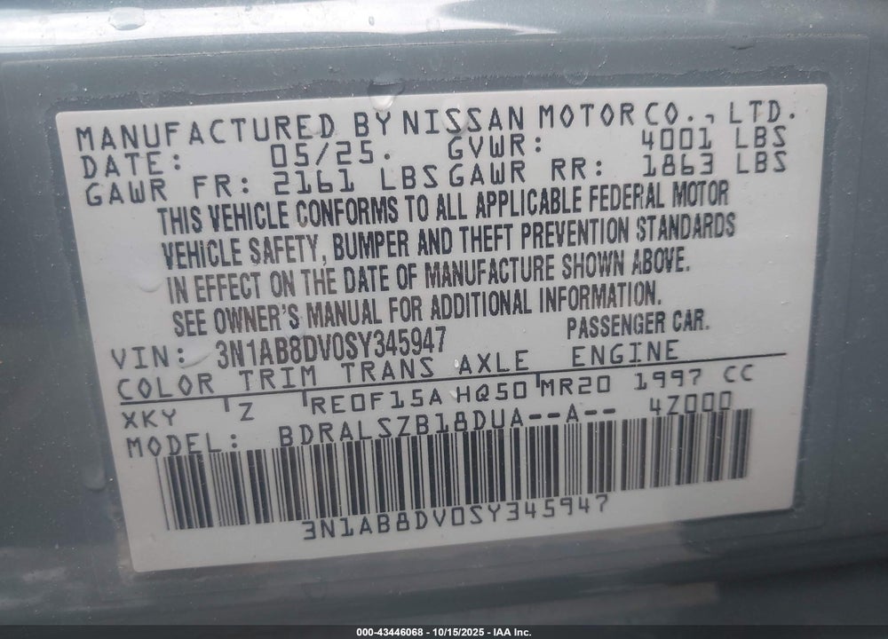 2025 NISSAN SENTRA SR VIN: 3N1AB8DV0SY345947