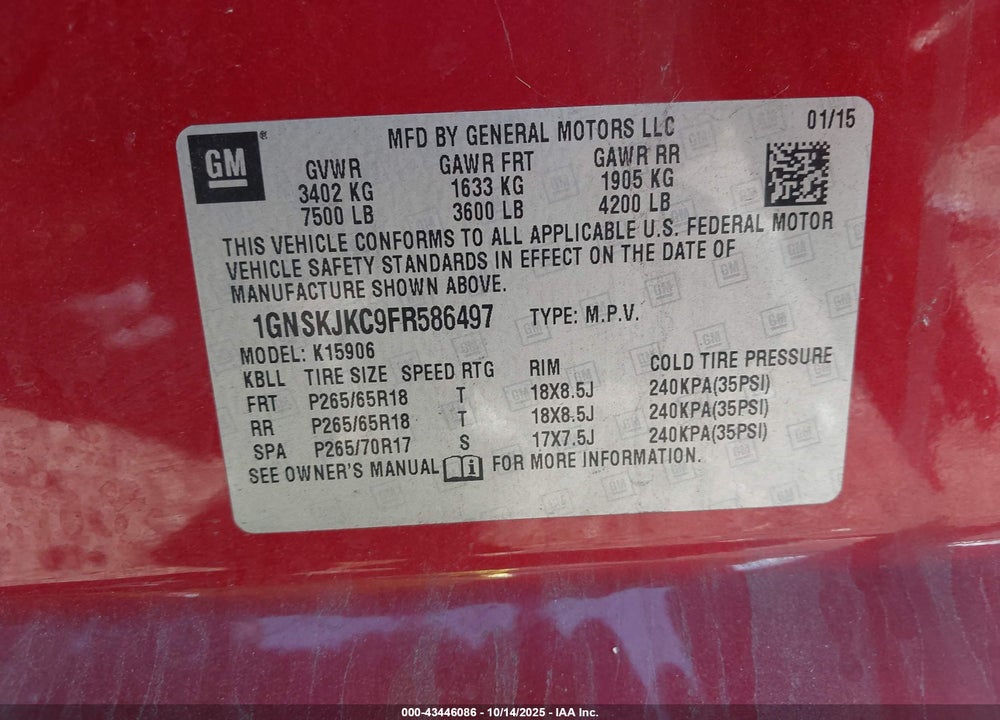2015 CHEVROLET SUBURBAN 1500 LT VIN: 1GNSKJKC9FR586497