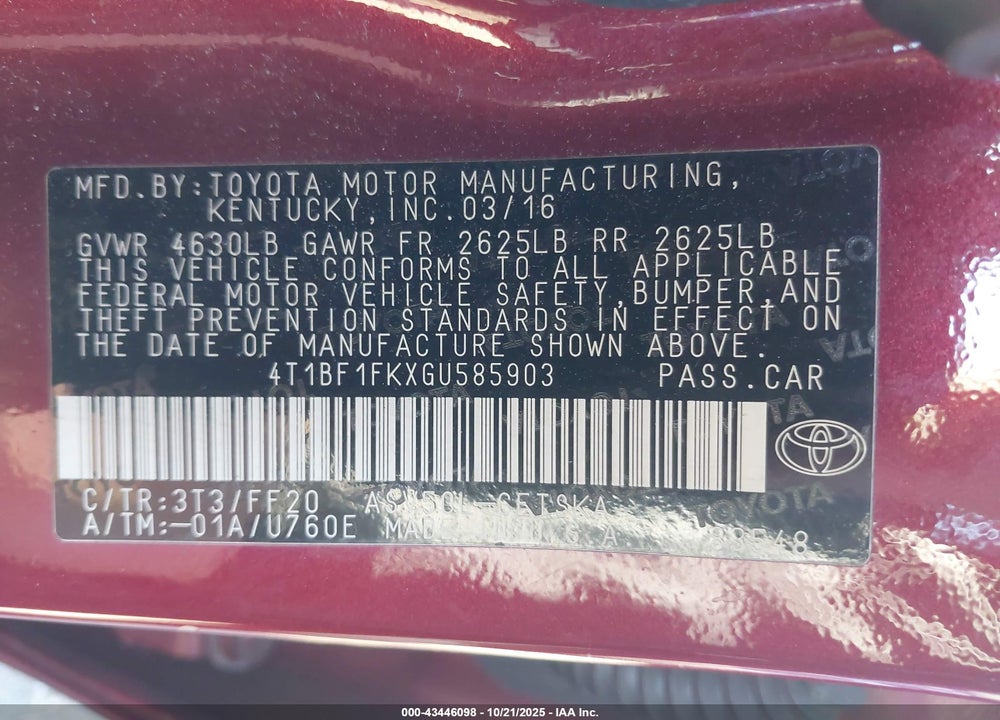 2016 TOYOTA CAMRY SE VIN: 4T1BF1FKXGU585903