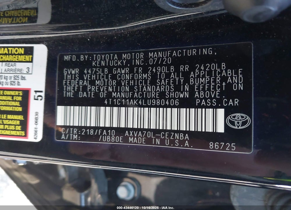 2020 TOYOTA CAMRY LE VIN: 4T1C11AK4LU980406