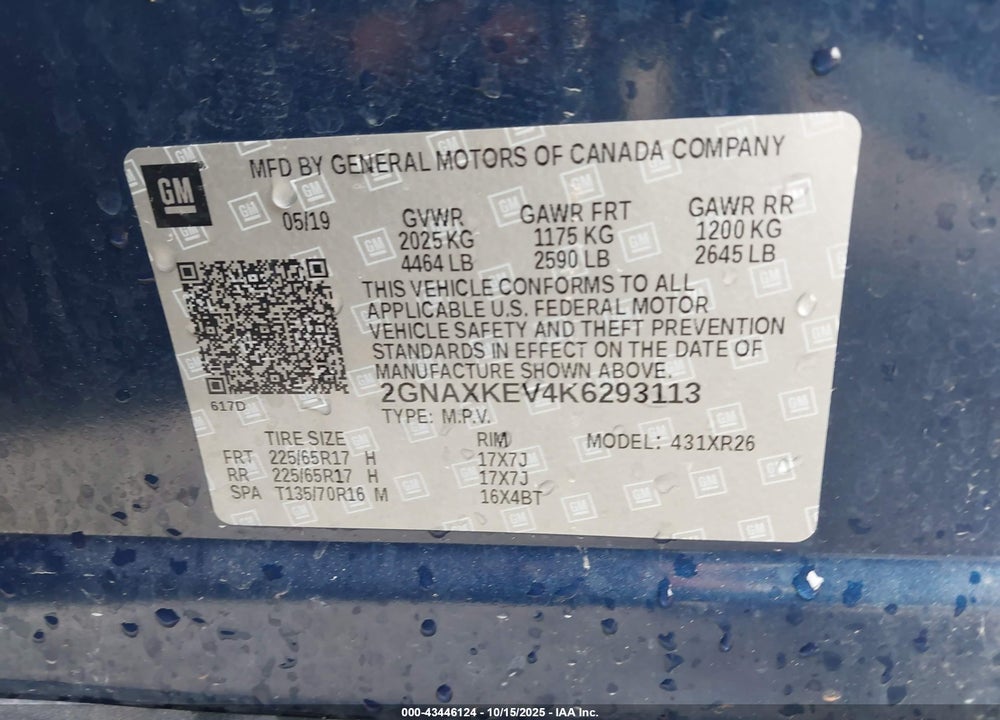 2019 CHEVROLET EQUINOX VIN: 2GNAXKEV4K6293113