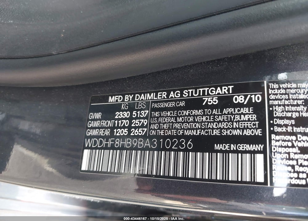 2011 MERCEDES-BENZ E-CLASS VIN: WDDHF8HB9BA310236