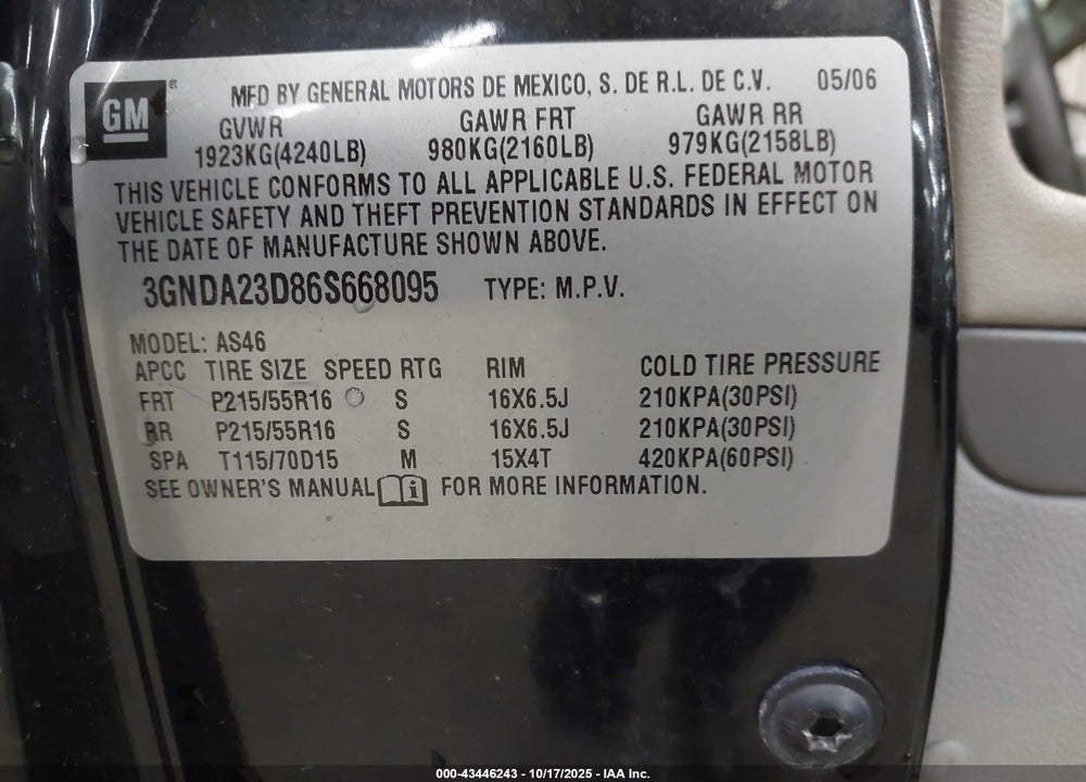 2006 CHEVROLET HHR LT VIN: 3GNDA23D86S668095