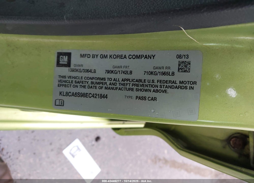 2014 CHEVROLET SPARK LS MANUAL VIN: KL8CA6S98EC421844