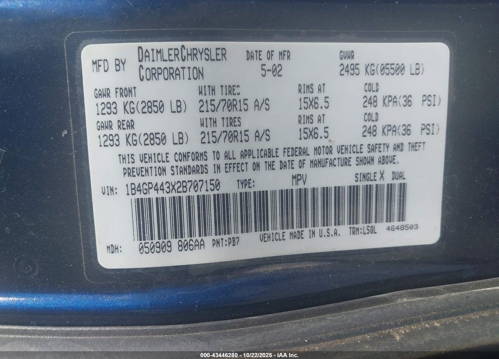 2002 DODGE CARAVAN VIN: 1B4GP443X2B707150
