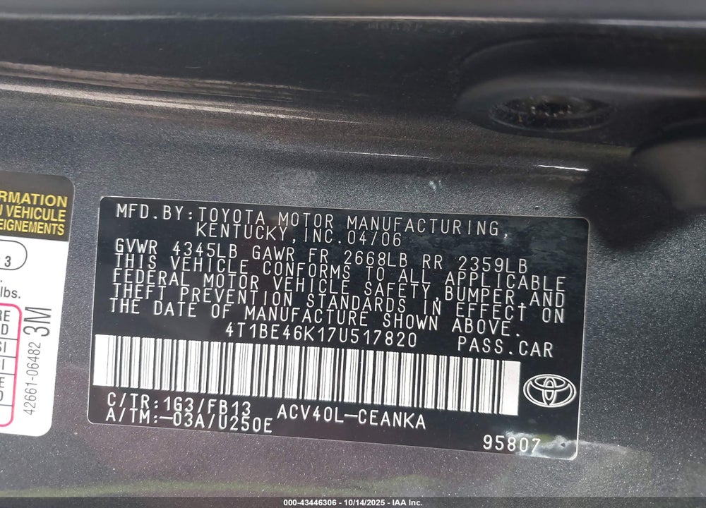 2007 TOYOTA CAMRY LE VIN: 4T1BE46K17U517820