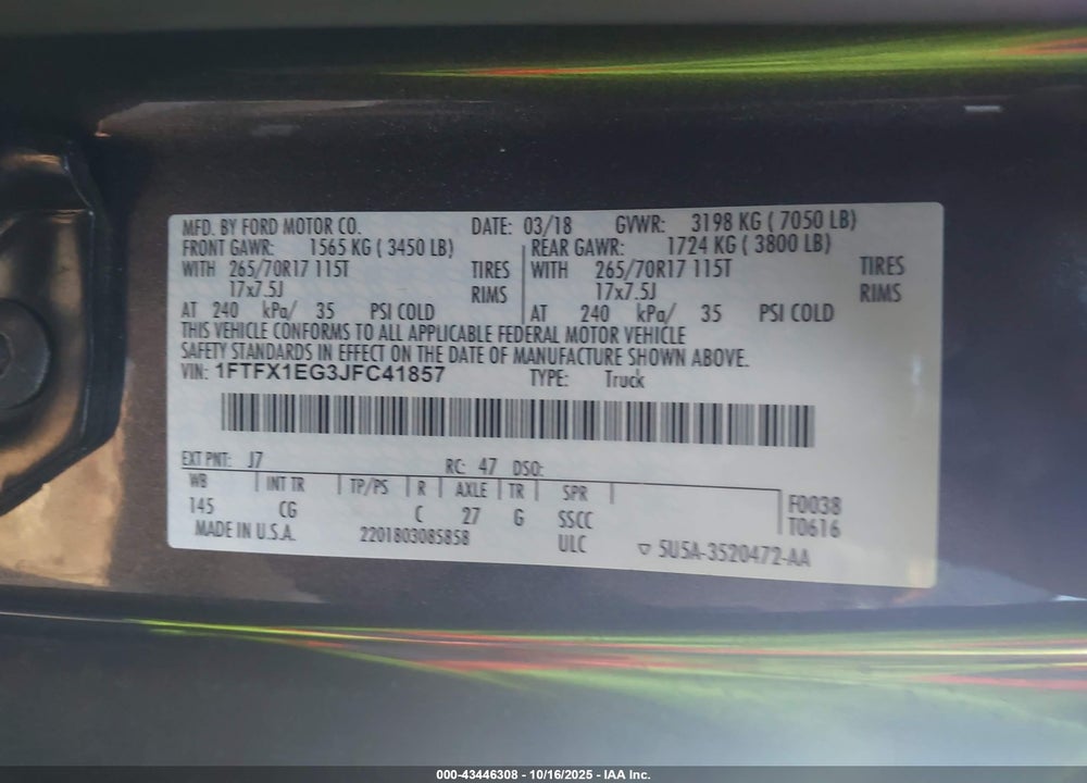 2018 FORD F-150 VIN: 1FTFX1EG3JFC41857