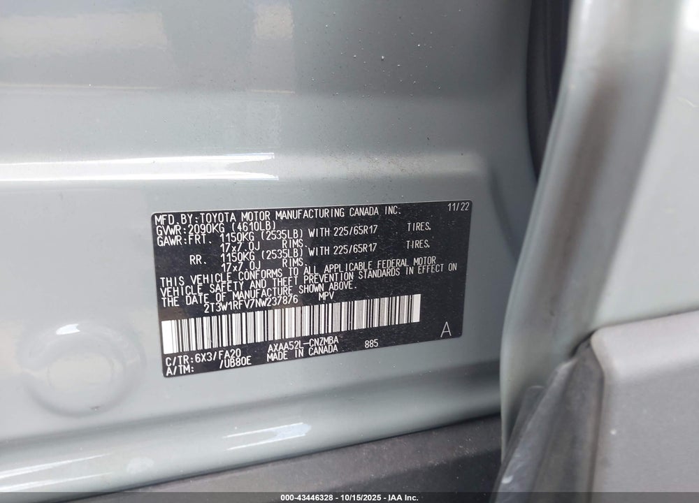 2022 TOYOTA RAV4 XLE VIN: 2T3W1RFV7NW237876