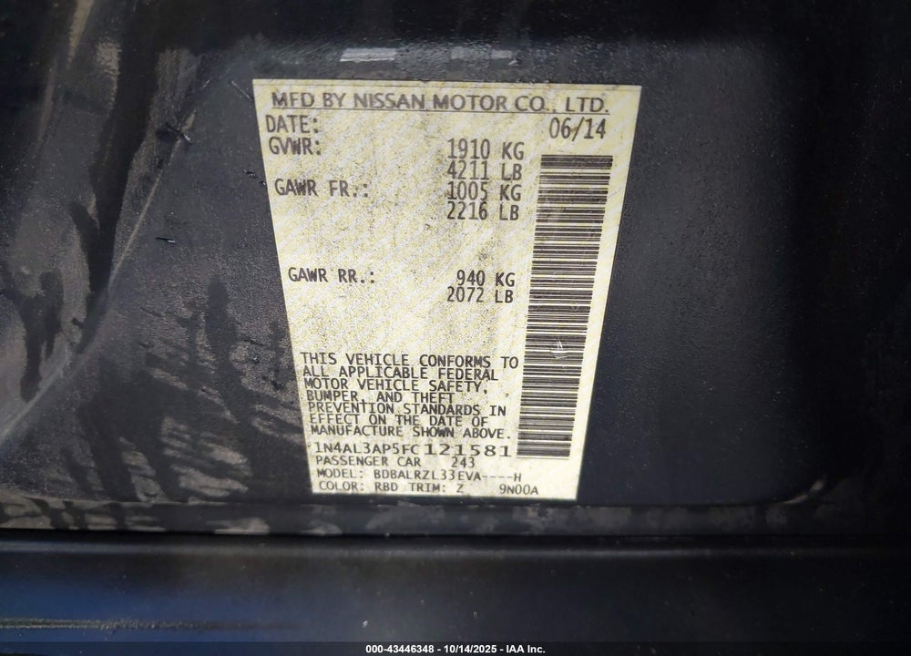 2015 NISSAN ALTIMA 2.5 SL VIN: 1N4AL3AP5FC121581