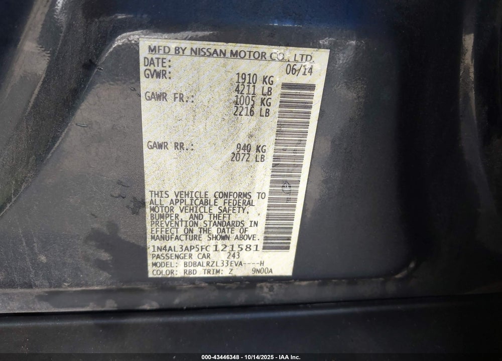 2015 NISSAN ALTIMA 2.5 SL VIN: 1N4AL3AP5FC121581